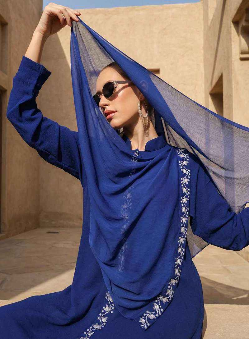 ISHIN  Royal Blue thread embroidered Abaya with Hijab  | Best Price UAE